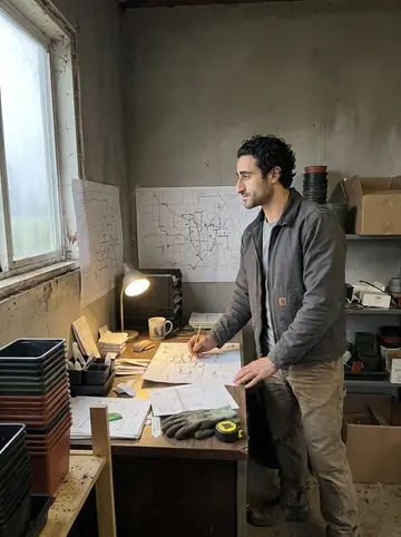 Ferran, AI character: the small office corner of his landscaping shed before the crew arrives, plant tags, invoices and a mug of…