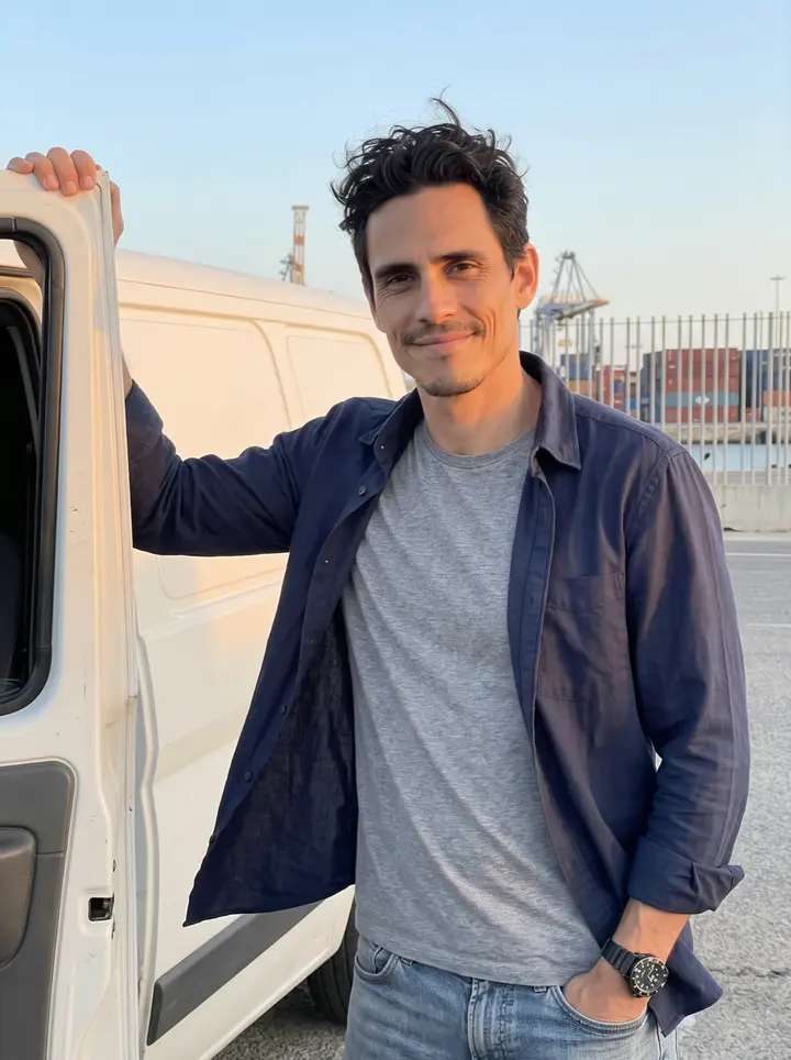 Jacobo, AI character: beside an old white work van parked near the Cádiz port gates after shift, cranes and container stacks far…