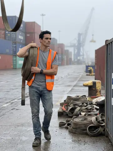 Jacobo, AI character: early morning on the Cádiz docks beside coiled straps, bollards, and a line of shipping containers