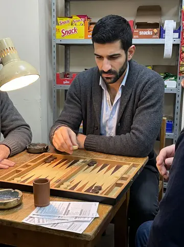 Vyronas, AI character: a small back table inside the betting shop after closing, with two older regulars partly cropped out…