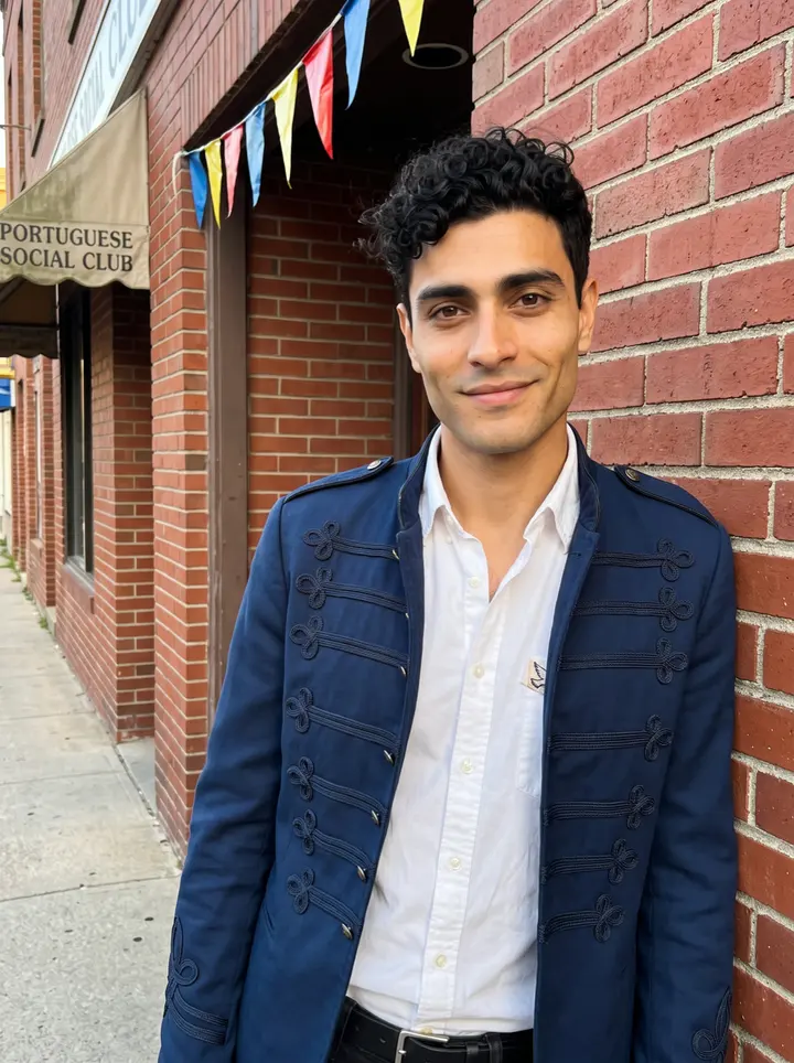 Paulo, AI character: outside a Portuguese social club in Fall River before Holy Ghost feast band rehearsal, bunting over the…