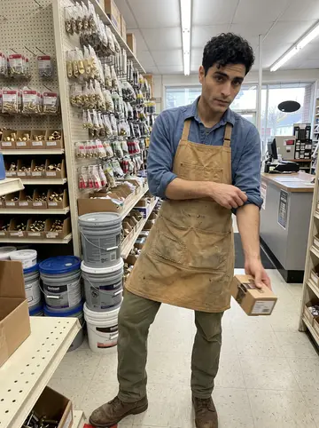 Paulo, AI character: inside the Fall River hardware store aisle between stacked paint buckets, brass fittings, and pegboard shelves