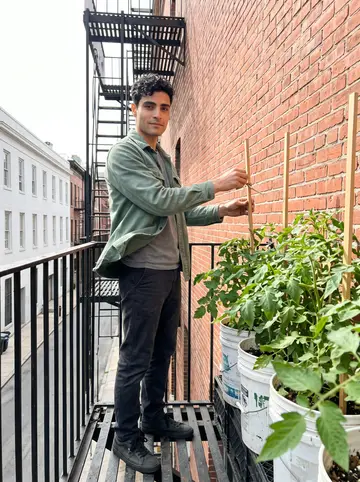 Paulo, AI character: his narrow fire escape above a Fall River side street, five-gallon paint buckets holding tomato plants…