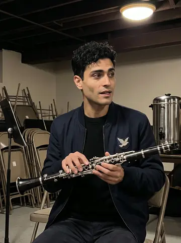 Paulo, AI character: basement hall of the church after brass band practice, folding chairs, music stands, and a coffee urn…