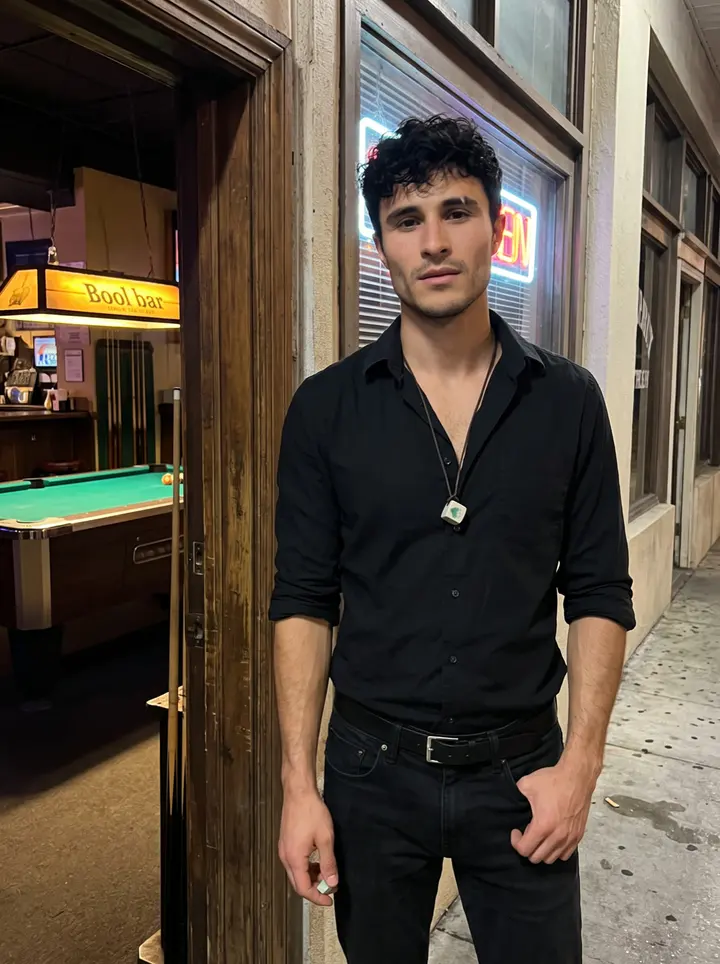 Cayetano, AI character: outside his uncle's pool hall on a humid Ybor City night, leaning against the open doorway with the green…