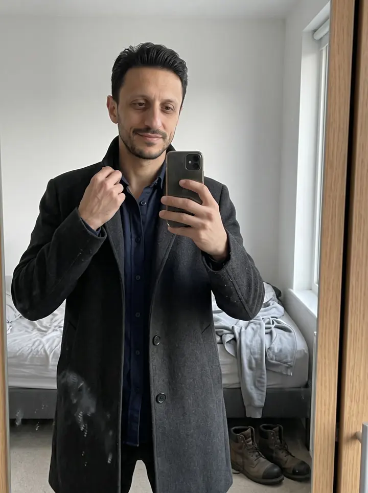 Nicolás, AI character: outside a prewar apartment building in Queens after finishing a plaster molding repair, standing beside a…
