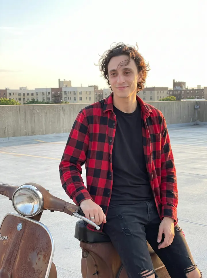 Fermín, AI character: a Queens rooftop parking lot at golden hour, leaning beside his half-fixed rusted Vespa with low apartment…