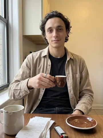 Fermín, AI character: a tiny Astoria kitchen table with his grandmother's old espresso cups, receipt paper and a lighter beside…