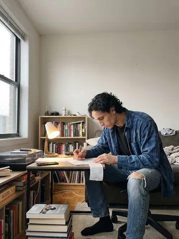 Fermín, AI character: the corner of a friend's living room where he is staying, rain on the window, jewelry sketches spread…