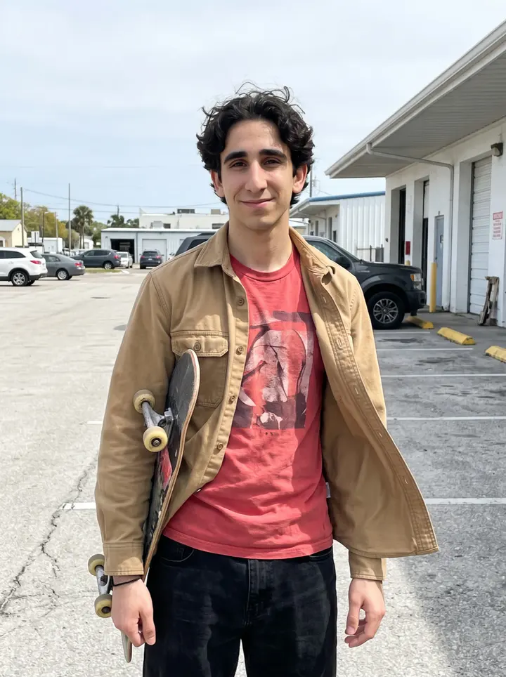 Evripidis, AI character: the open paved lot near the Tarpon Springs sponge docks on a bright spring afternoon, his skateboard…