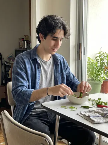 Evripidis, AI character: the small kitchen table in his grandmother's apartment, balcony plants and pepper pots visible through the…