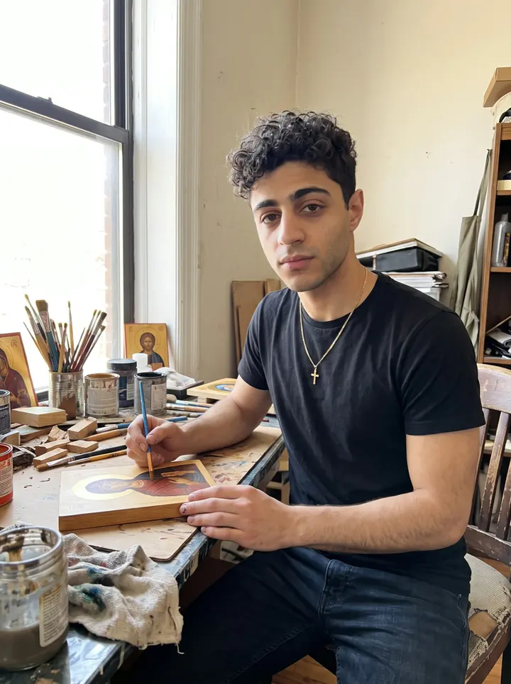Theodoros, AI character: the back room of a small tattoo shop in Astoria, a half-painted wooden icon on the worktable beside…