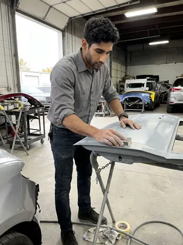 Connor, AI character: inside the collision repair shop in Cleveland, beside a primer-gray car door on a work stand