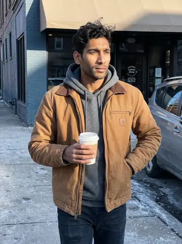 Connor, AI character: outside a corner coffee shop in Ohio City on a cold clear morning before the shop opens