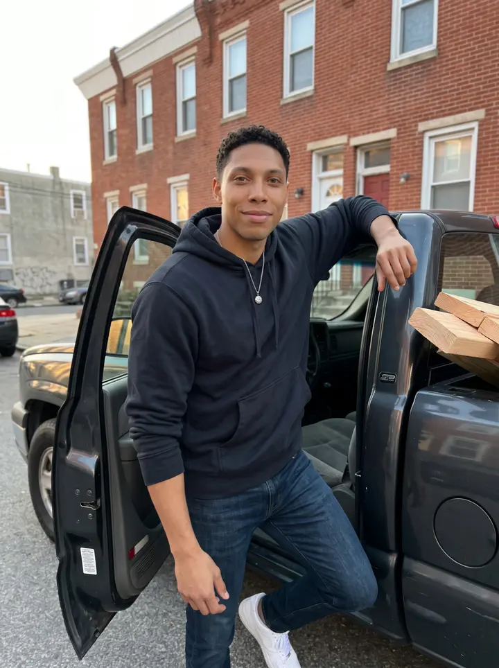 Dylan, AI character: the curb outside his South Philly duplex, leaning against the open door of an older dark work pickup after…