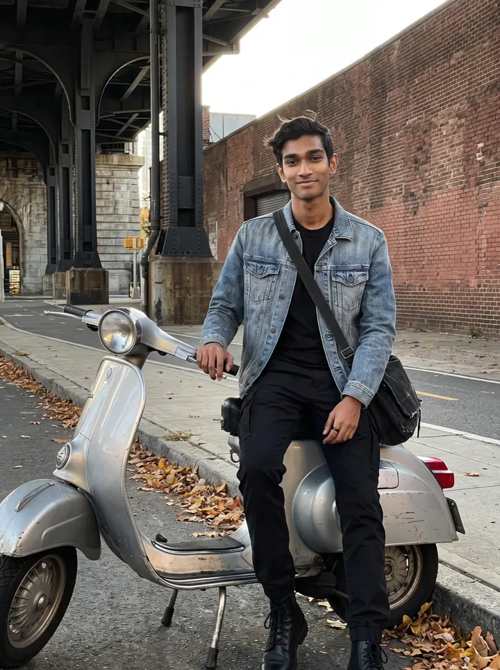 Sanjay, AI character: a side street under the Queensboro Bridge at low autumn sun, beside his beat-up silver Vespa parked at the…