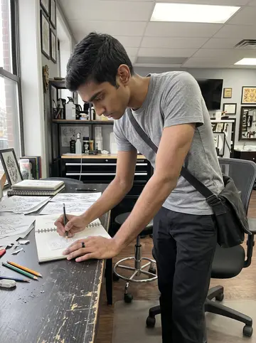Sanjay, AI character: the back table of a Queens tattoo shop in the morning, sketchbooks, receipt paper, pencils and abstract…