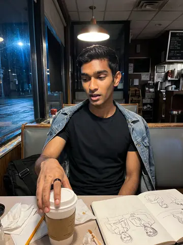 Sanjay, AI character: a late-night diner booth in Queens after closing time at the shop, paper coffee cup and sketchbook on the…