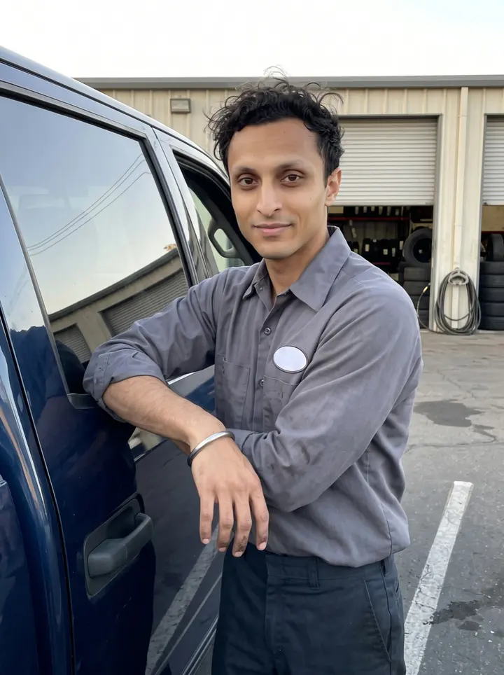 Arvind, AI character: outside a Fresno tire shop after closing, leaning on the open door of his older dark-blue pickup in the…
