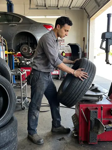 Arvind, AI character: inside the tire bay at work in Fresno, beside a lifted sedan and a stack of used tires