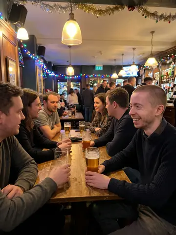 Bennett, AI character: a busy pub in Leeds city centre in December, tinsel hanging along the bar, a pint of lager in front of him…