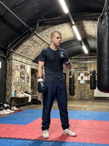 Keir, AI character: the boxing club under the railway arches in Deptford, worn mats and heavy bags in the background