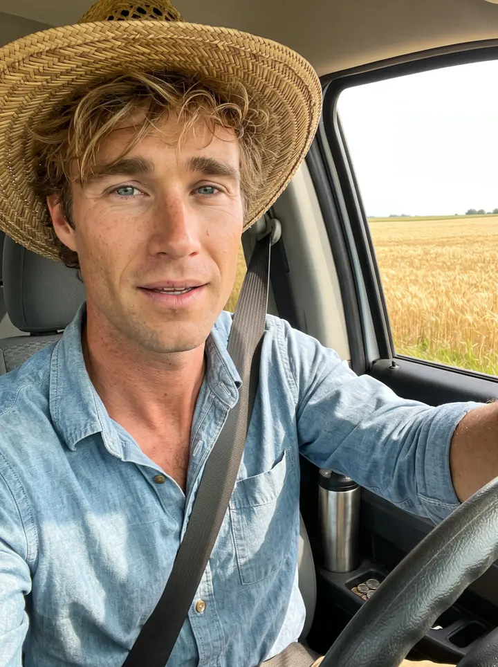 Rourke, AI character: edge of a Kansas wheat field at the end of the day, leaning against the big rear tire of a grain truck,…