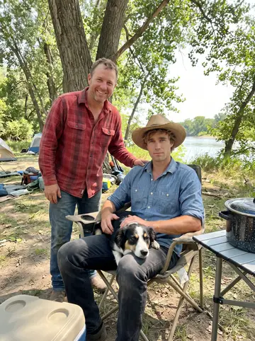 Rourke, AI character: a roadside bar in a small Oklahoma town after the day's last weigh-in, wood-paneled wall and neon beer…