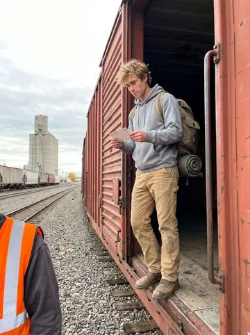 Rourke, AI character: a rail yard in Montana at dusk, he sits on the open edge of a boxcar door with his boots hanging down, a…