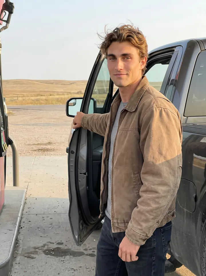 Vance, AI character: a gas station lot just off I-25 near Douglas, Wyoming, leaning on the door of his dark grey Ford pickup,…