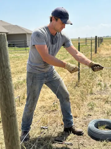 Vance, AI character: his father's fence line behind the house in Casper, Wyoming, flat dry pasture and a few fence posts, a…