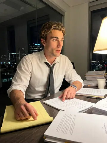 Vance, AI character: a glass-walled conference room at his law firm in downtown Denver late at night, stacks of depositions and…
