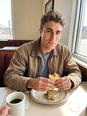 Vance, AI character: a corner booth in an old Casper diner on a spring morning, a plate of breakfast burritos and a coffee mug…