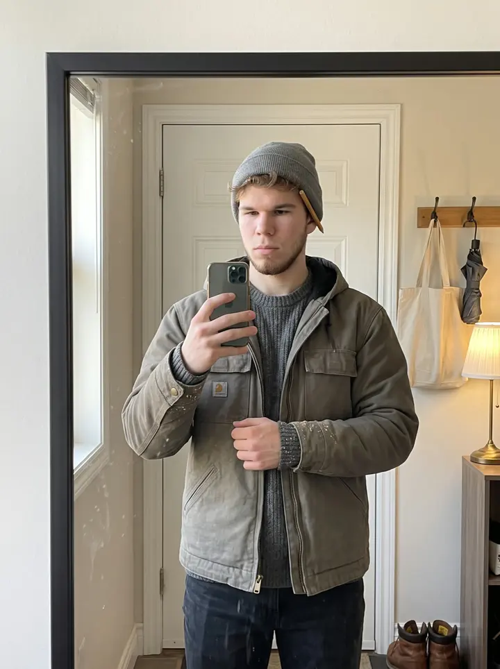Dutch, AI character: front steps of an old brick two-storey house he is inspecting, a steel thermos on the step beside him,…