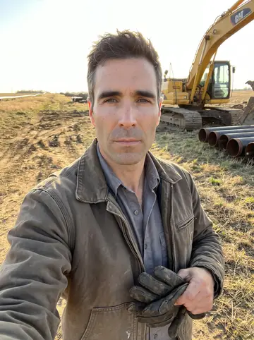 Ty, AI character: an open trench at a pipeline construction site, a welded pipe joint lying on supports in front of him