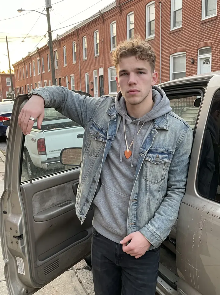 Reece, AI character: a quiet side street in South Philly at late golden hour, beside his dusty Ford Ranger with drywall straps…