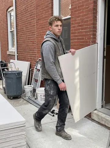 Reece, AI character: a residential renovation site in Fishtown, outside a narrow brick rowhouse with stacked drywall by the door