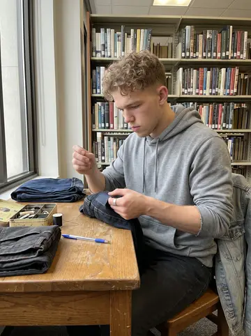 Reece, AI character: a public library table in Center City on an overcast morning, old sewing kit open beside a folded pair of…