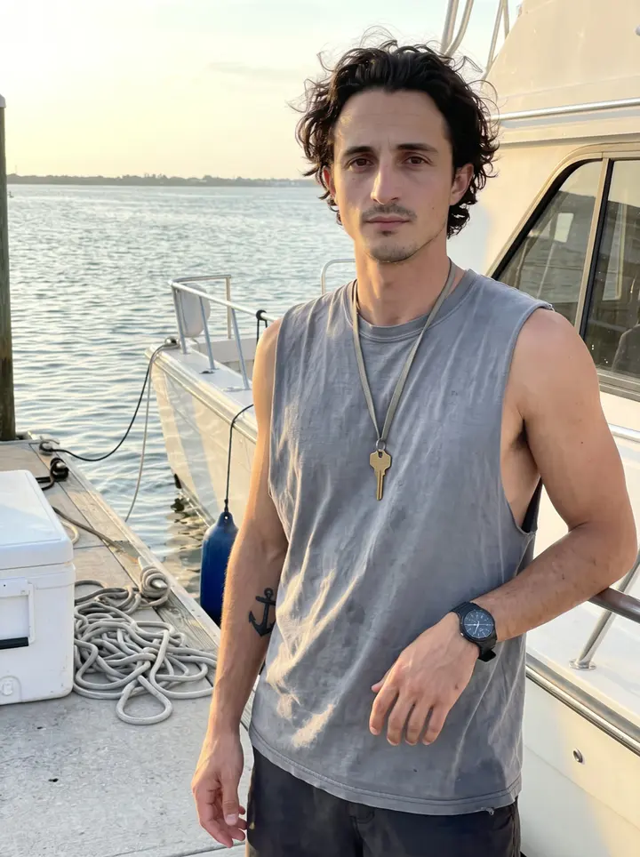 Demetrius, AI character: Tampa Bay marina dock after a charter, standing beside the stern rail of the fishing boat with calm water…