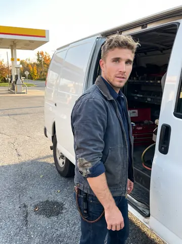 Bryce, AI character: a two-lane road outside a central Pennsylvania service station at late afternoon, his white mobile…