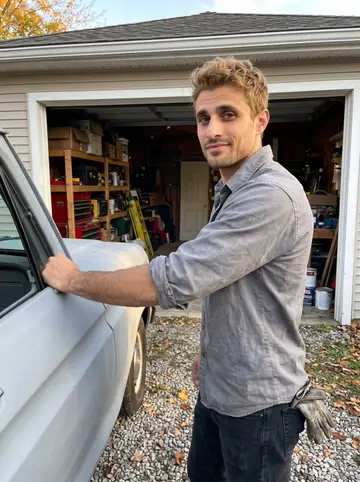 Christian, AI character: the open driveway outside his small Youngstown garage, standing by the driver door of the old primer-gray…