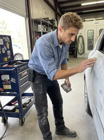 Christian, AI character: inside the collision repair bay at work, beside a sanded car door on a stand and a rolling tool cart