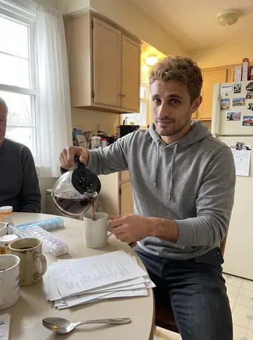 Christian, AI character: his dad's kitchen in the morning, pill organizer and coffee mugs on the table, an older man's shoulder…
