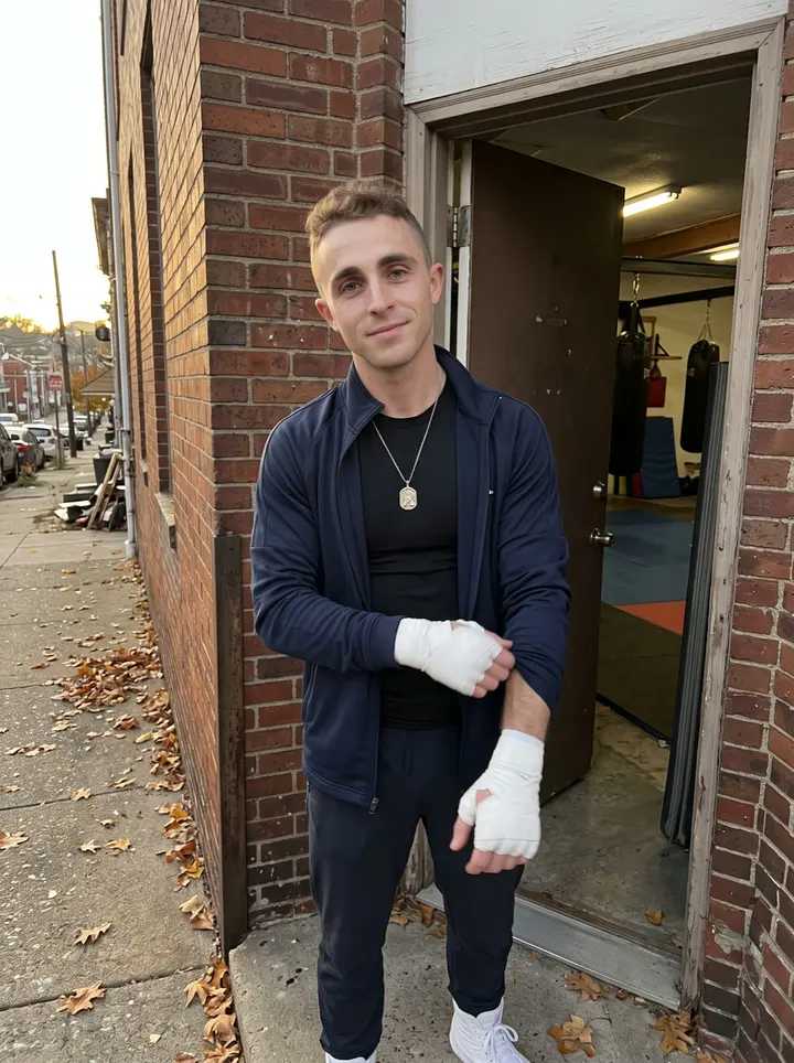 Samuel, AI character: outside a small Pittsburgh boxing gym in late autumn, brick wall and open gym door behind him