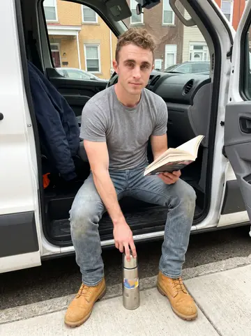 Samuel, AI character: curb beside his plumbing van during a lunch break in a Pittsburgh rowhouse neighborhood