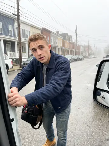Samuel, AI character: early morning street parking in Pittsburgh, leaning into the open door of his work van before a job
