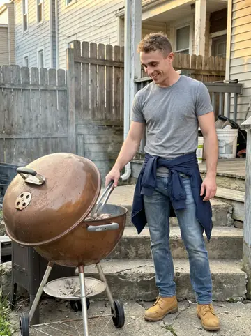 Samuel, AI character: his back stoop in Pittsburgh beside a rusted Weber grill and chipped concrete steps