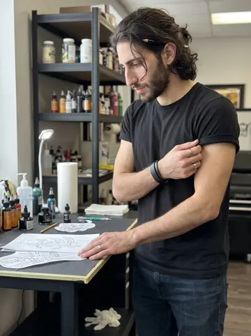 Abdullah, AI character: his tattoo shop station in Detroit in the morning, drawing a stencil at a high worktable with ink bottles…