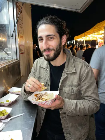 Abdullah, AI character: a crowded Dearborn street food stand at night, standing by a metal counter with paper trays of shawarma…