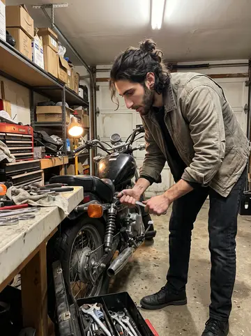 Abdullah, AI character: a rented Detroit garage at night, his 1986 Honda Rebel half-open beside a workbench and scattered tools